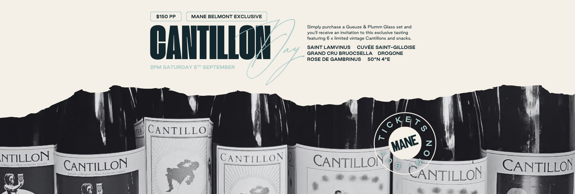 Vintage Cantillon bottles lined up for a lambic tasting session at Mane Belmont with snacks and beer glasses.

